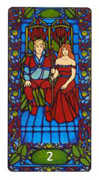 Two of Staves Tarot card in Art Nouveau deck