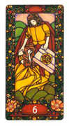 Six of Coins Tarot card in Art Nouveau deck