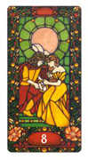 Eight of Coins Tarot card in Art Nouveau deck
