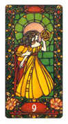 Nine of Coins Tarot card in Art Nouveau deck