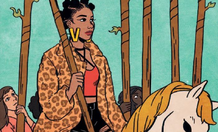 An illustration of a woman on a horse holds a long wooden staff. (from Modern Witch Tarot)