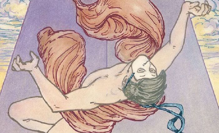 A masked figure falls through the air, wrapped in fabric. (from Ethereal Visions Tarot)