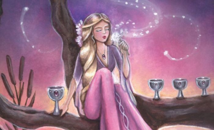 An illustration of a woman blowing dandelion fluff. (from Crystal Visions Tarot)