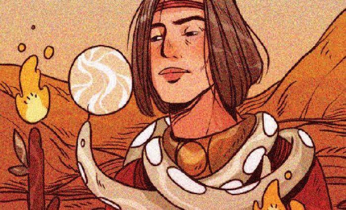 An illustration of a man with a snake draped around his neck. (from White Numen Tarot)