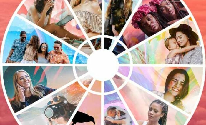 A wheel of images shows people engaged in different activities for the 12 houses in Astrology.