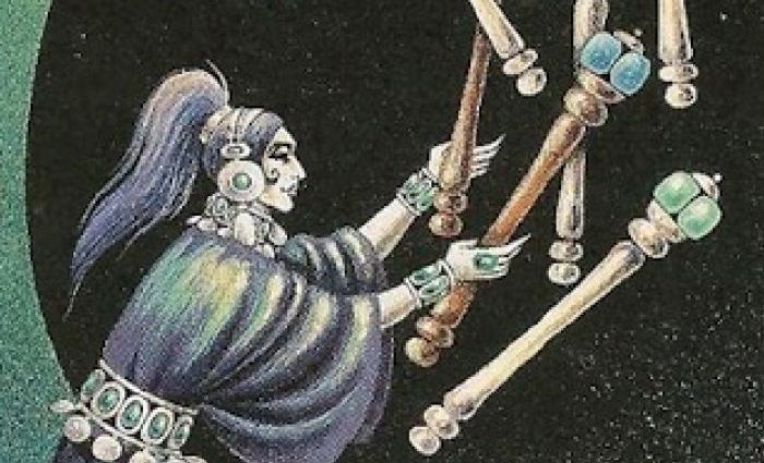 An illustration of a woman juggling several jeweled batons. (from Cat People Tarot)