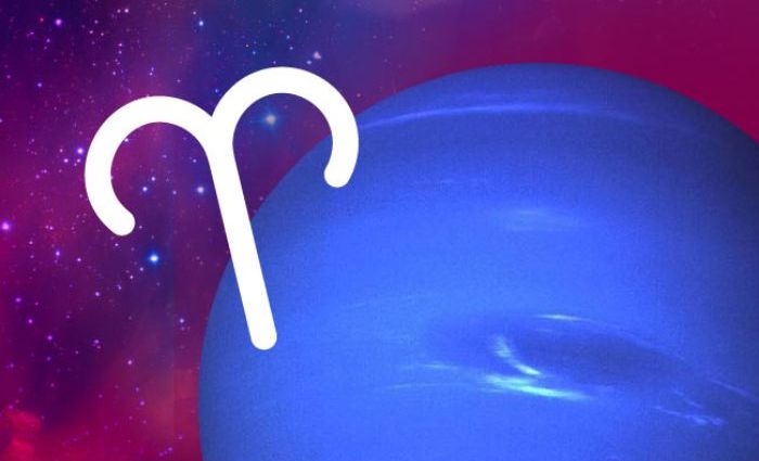 The symbol of Aries floats in front of numerous stars and the blue planet Neptune.