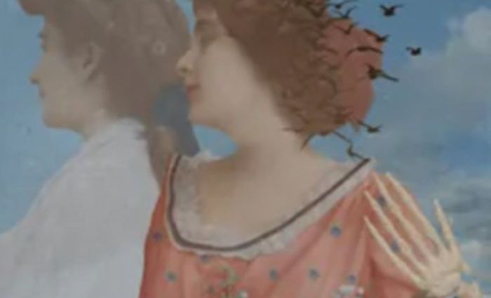 An illustration of a woman with a skeletal hand on one shoulder. (from Dreamkeepers Tarot)