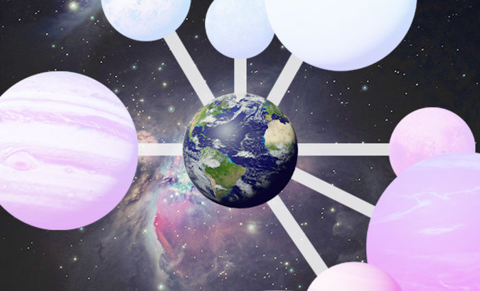The planet Earth is shown with pink lines connecting it to several other planets.