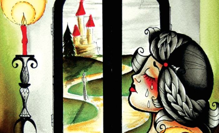 An illustration of a woman looking out the window, crying. (from Eight Coins Tattoo)