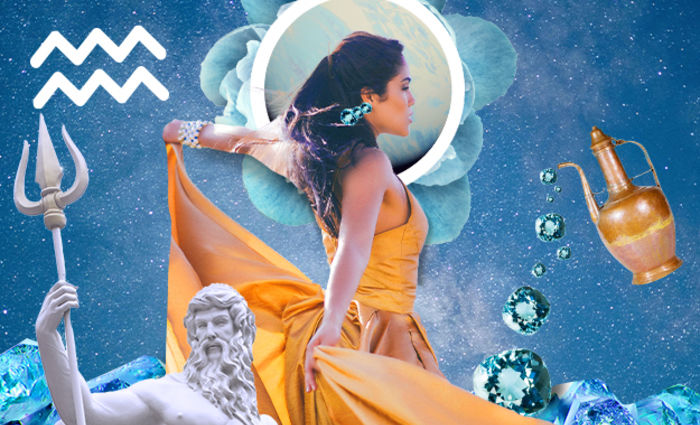 A dark-haired woman in an orange dress dances across a watery background.